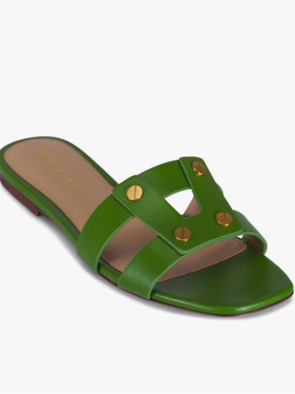 Veronica Beard Green Leather Slide Sandals with Gold Studs